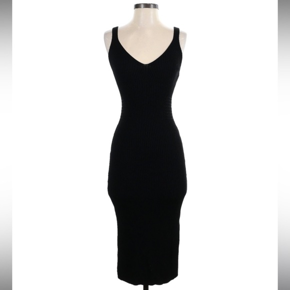 Guess Black V-Neck Ribbed Bodycon Midi Dress - Picture 1 of 5
